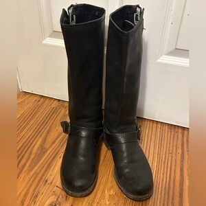 Frye Black Leather Tall Buckled Heeled Boots